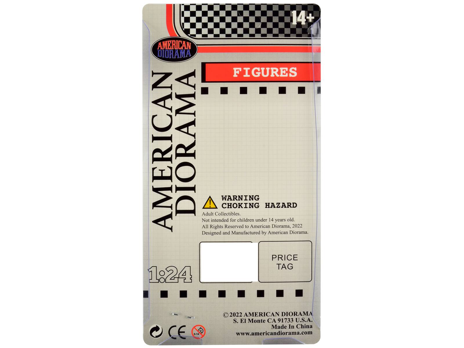 14+ AMERICAN DIORAMA FIGURES  
WARNING CHOKING HAZARD  
Adult Collectibles. Not intended for children under 14 years old.  
All Rights Reserved to American Diorama, 2022  
Designed and Manufactured by American Diorama.  
PRICE TAG 1:24  
© 2022 AMERICAN DIORAMA  
S. El Monte CA 91733 U.S.A.  
Made In China  
CE 8.14  
www.americandiorama.com