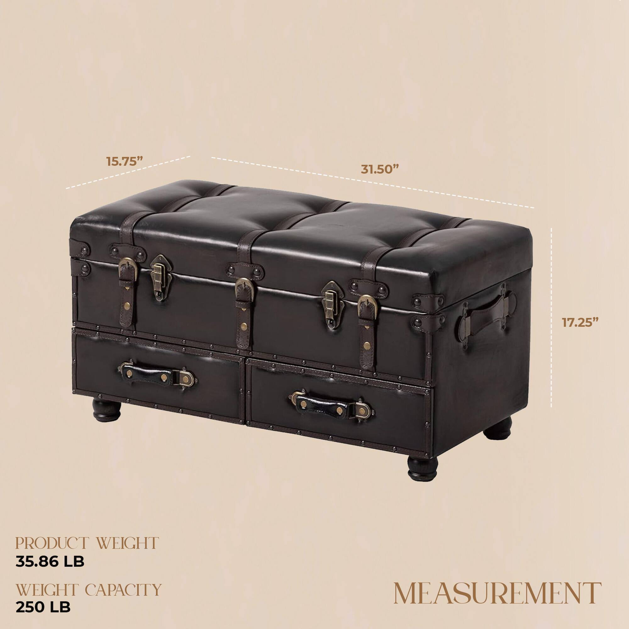 15.75" 31.50" 17.25"  
PRODUCT WEIGHT 35.86 LB  
WEIGHT CAPACITY 250 LB  
MEASUREMENT