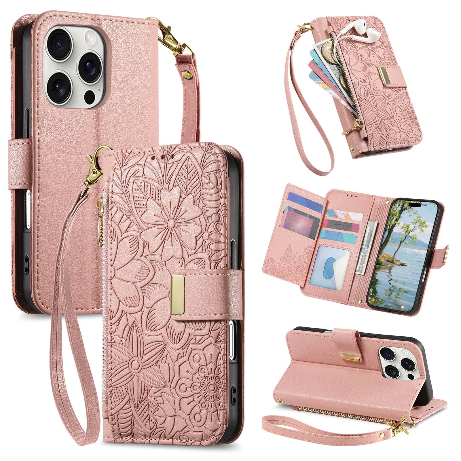 Angle. Dteck - Floral Embossed Leather Zipper Cash Slot Wallet Case for Apple iPhone 16 Pro Max with Detachable Strap - Rosegold.