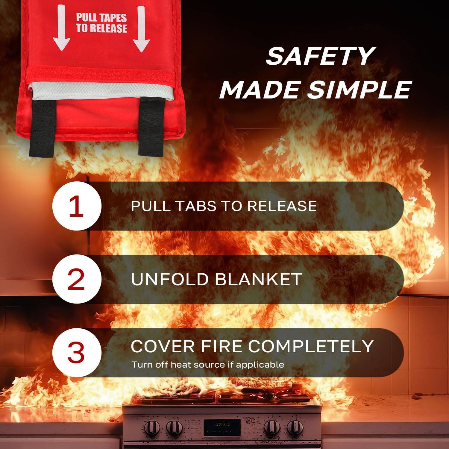 SAFETY MADE SIMPLE

1. PULL TABS TO RELEASE
2. UNFOLD BLANKET
3. COVER FIRE COMPLETELY
   Turn off heat source if applicable