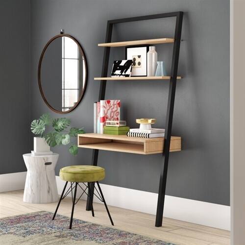 Angle. SlickBlue - Farmhouse Wall-Leaning Writing Desk with Dual Shelves - Rustic Oak, Black.