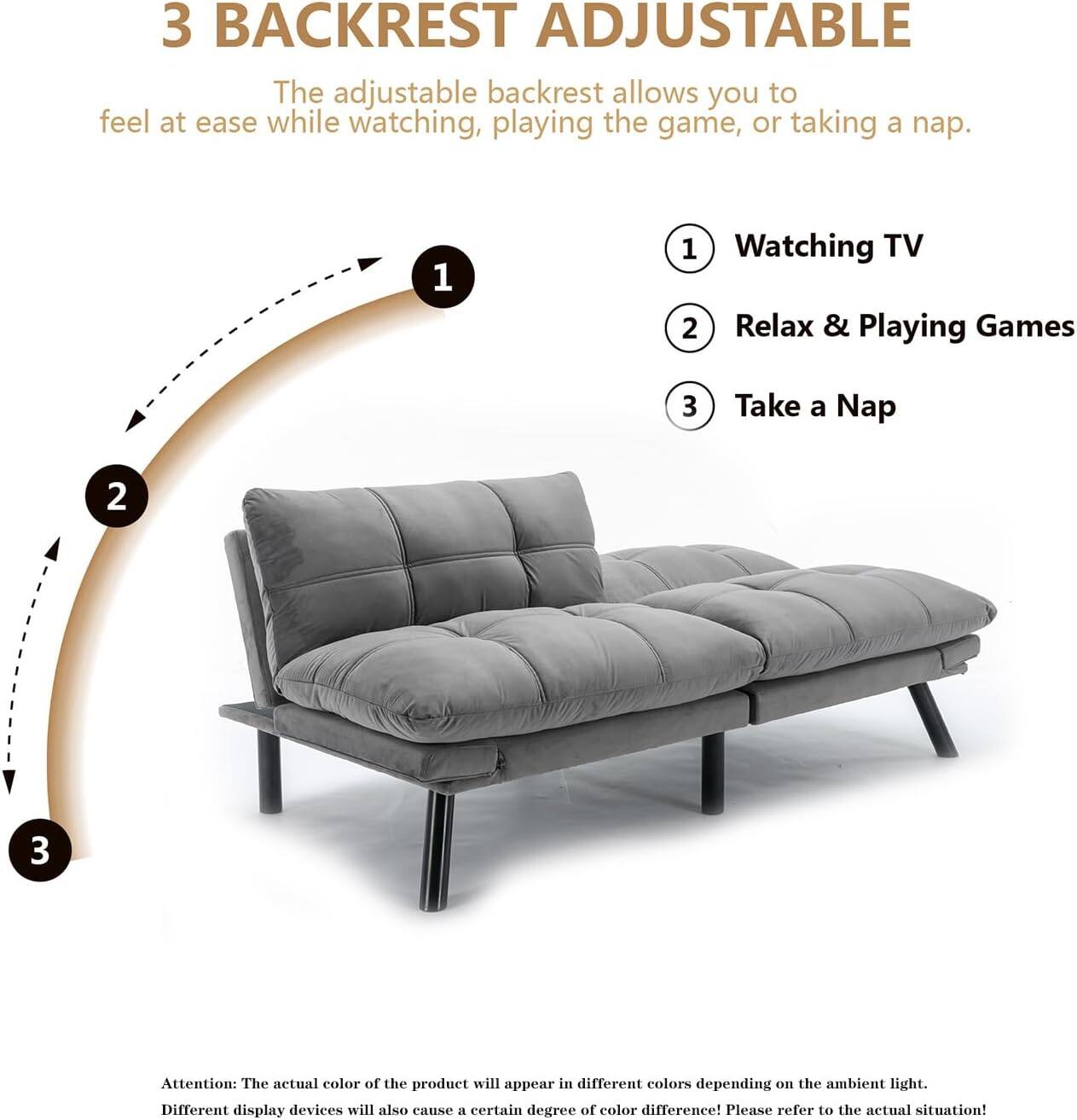 3 BACKREST ADJUSTABLE

The adjustable backrest allows you to feel at ease while watching, playing the game, or taking a nap.

1. Watching TV
2. Relax & Playing Games
3. Take a Nap

Attention: The actual color of the product will appear in different colors depending on the ambient light. Different display devices will also cause a certain degree of color difference! Please refer to the actual situation!