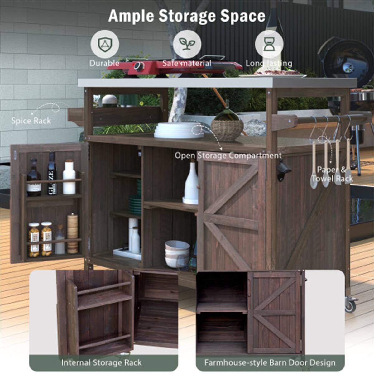 Ample Storage Space

- Durable
- Safe Material
- Long-lasting

- Spice Rack
- Open Storage Compartment
- Paper & Towel Rack
- Internal Storage Rack
- Farmhouse-style Barn Door Design