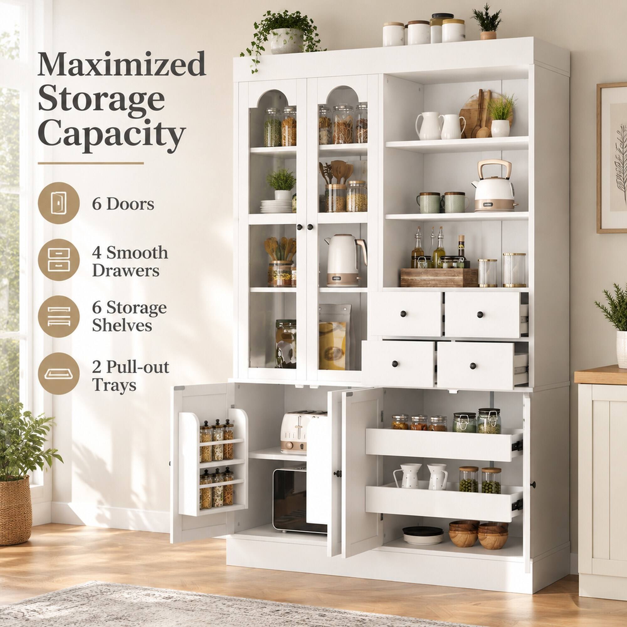 Maximized Storage Capacity

- 6 Doors
- 4 Smooth Drawers
- 6 Storage Shelves
- 2 Pull-out Trays