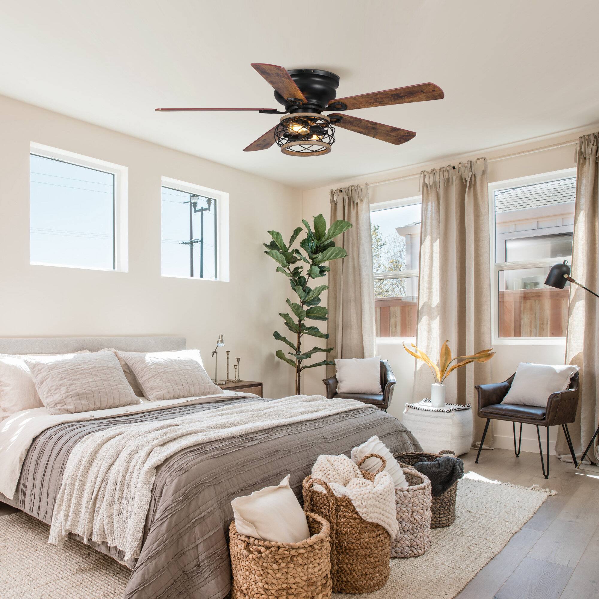 Left. Parrot Uncle - 48" Vintage Wooden 5-Blade Black Flush Mount Cgaed Ceiling Fan with Remote - Black.