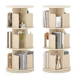Costway - 2 PCS 3-Tier Rotating Bookshelf 360° Display Rack Dividers & Anti-falling Baffles - Natural
