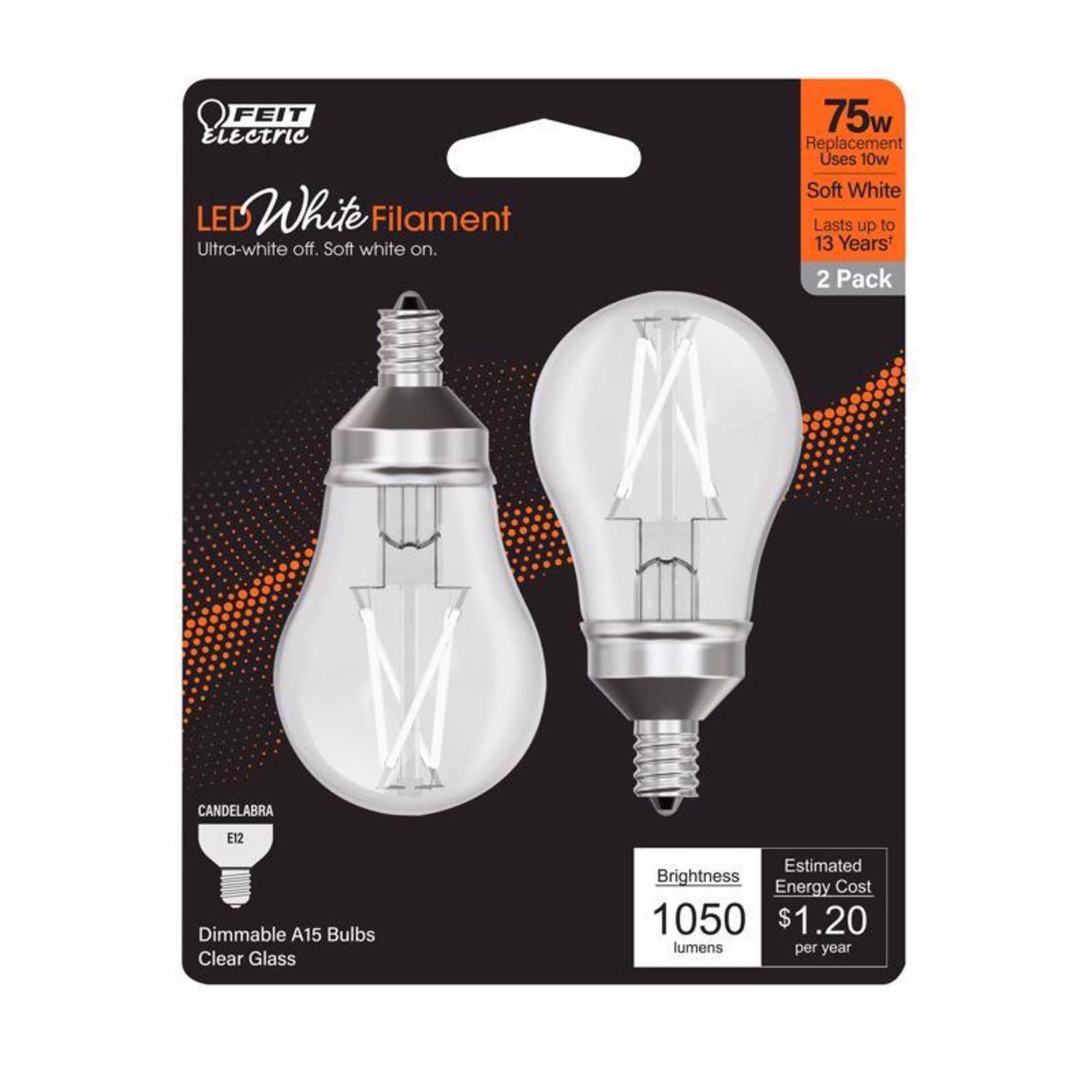 FEIT Electric LED White Filament  
Ultra-white off. Soft white on.  
75w Replacement Uses 10w Soft White  
Lasts up to 13 Years  
2 Pack  
Candelabra E12  
Dimmable A15 Bulbs  
Clear Glass  
Estimated Brightness: 1050 lumens  
Energy Cost: $1.20 per year