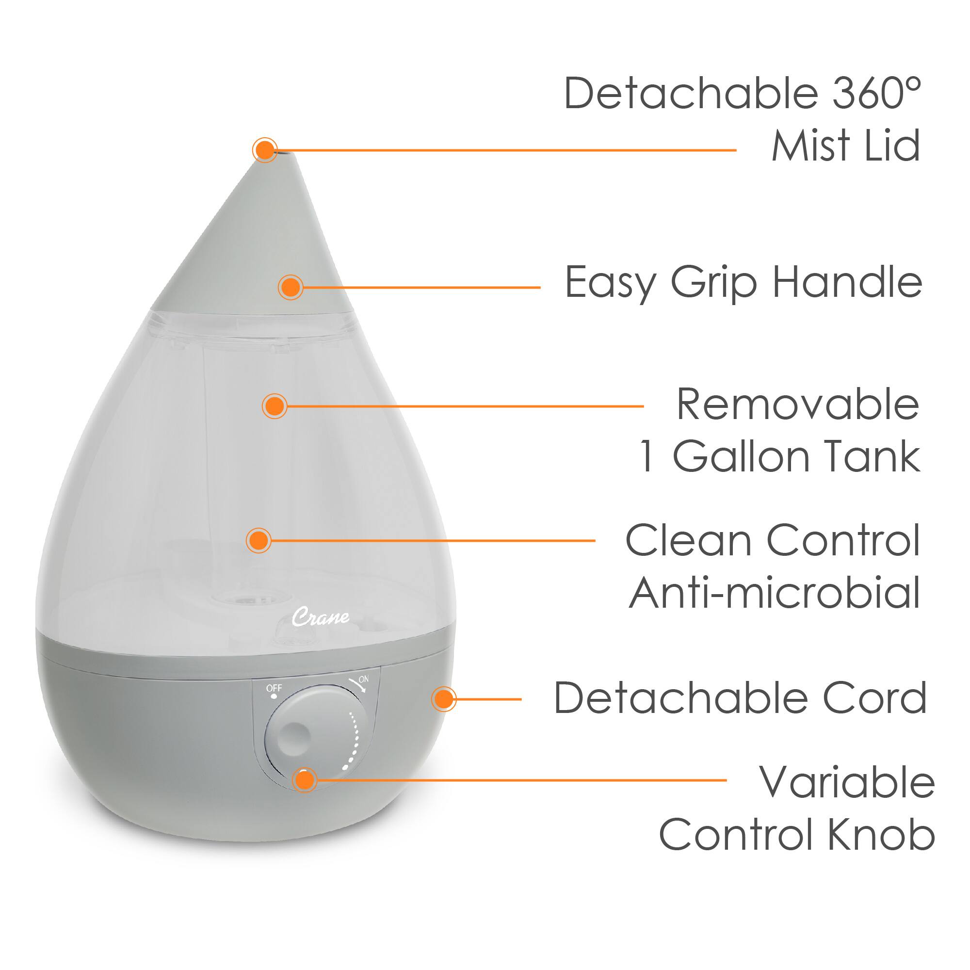 The image shows a close-up of a white humidifier with a detachable cord and a 360-degree mist lid. The humidifier has an easy grip handle and a removable 1-gallon tank. It also features a clean control anti-microbial system, which helps prevent the growth of bacteria and mold. The humidifier has a variable control knob, allowing users to adjust the humidity level according to their preferences.