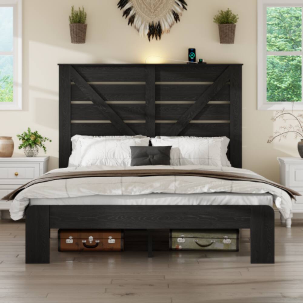 Angle. LUCKY ONE - Full Size Wood Platform Bed Frame with Heavy Duty Metal Frame, Industrial Style, Steel Slats, No Box Spring Needed - Black.