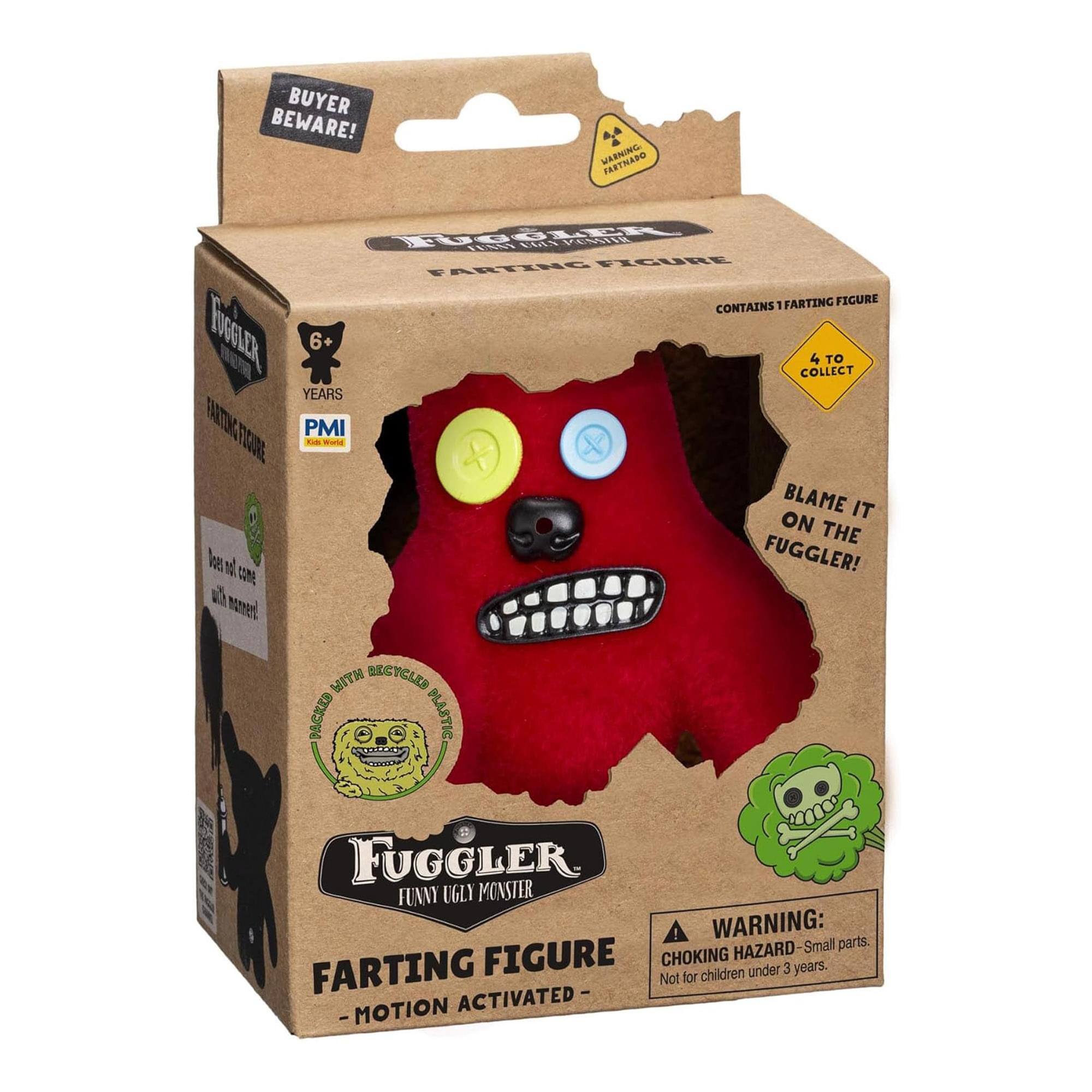 BUYER BEWARE!  
WARNING: FARTING FIGURE CONTAINS 1 FARTING FIGURE - 1 TO 6+ COLLECT 4 TO 6 YEARS PMI FORE - BLAME IT ON THE FUGGLER!  

MADE WITH RECYCLED PLASTIC  

FUGGLER  
FUNNY UGLY MONSTER  
FARTING FIGURE  
-MOTION ACTIVATED-  

WARNING: CHOKING HAZARD - Small parts. Not for children under 3 years.  

CONTAINS 1 FARTING FIGURE  
4 TO COLLECT  

WARNING: FARTING FIGURE CHOKING HAZARD for children under 3 years. Not MOTION ACTIVATED  

FUGGLER  
FUNNY UGLY MONSTER  

WARNING: FARTING FIGURE CHOKING HAZARD - Small parts. Not for children under 3 years.