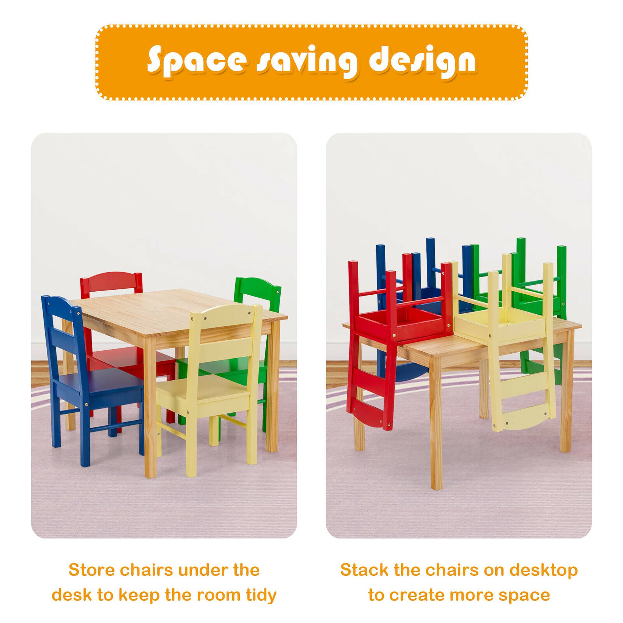 Space saving design

Store chairs under the desk to keep the room tidy

Stack the chairs on desktop to create more space