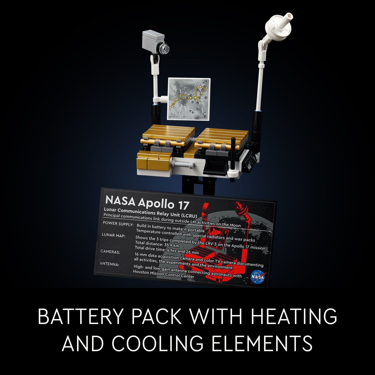 NASA Apollo 17 Lunar Communications Principal Relay Unit (LCRU) communications link during POWER outside M activities SUPPLY: Build in On the Moon battery to makeli Temperature portable LUNAR MAP: controlled with special Shows the 3 trips radiators and wax completed packs Total distance: by the LRV-3 35. km on the Apollo Total drive 17 mission CAMERAS: time: $ hrs and 26 min 16 mm data all acquisition camera and activities, the color TV camera ANTENNA: experiments and the documenting High- and low-gain environment Houston antenna connecting Mission Control astronauts with Center NASA BATTERY PACK WITH HEATING AND COOLING ELEMENTS