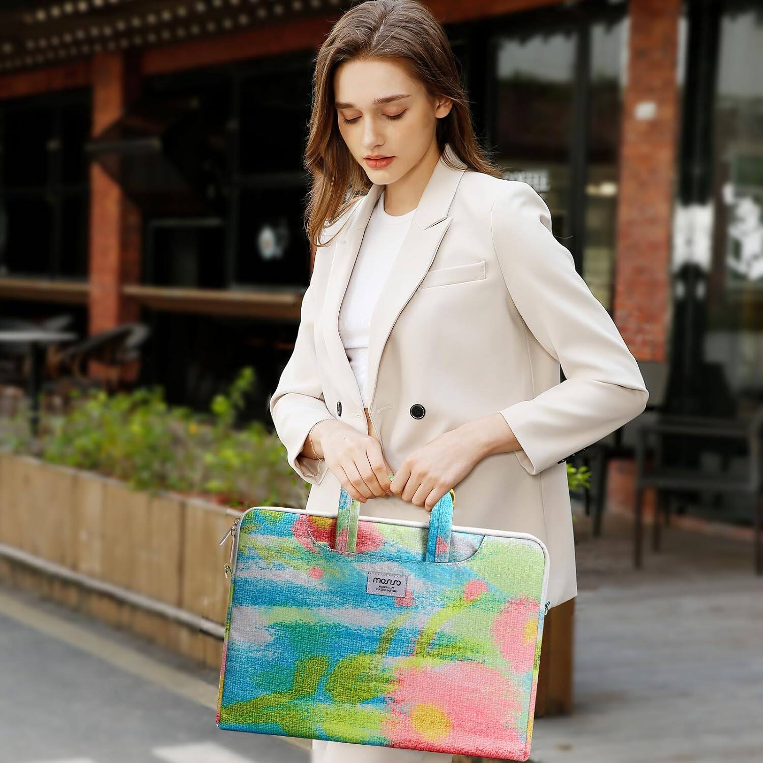 Angle. mosiso - Laptop Shoulder Bag 15-16 Inch, Laptop Briefcase Sleeve with Belt for 15-15.6 inch MacBook Air Pro HP Dell ASUS Acer - Rainbow Graffiti.