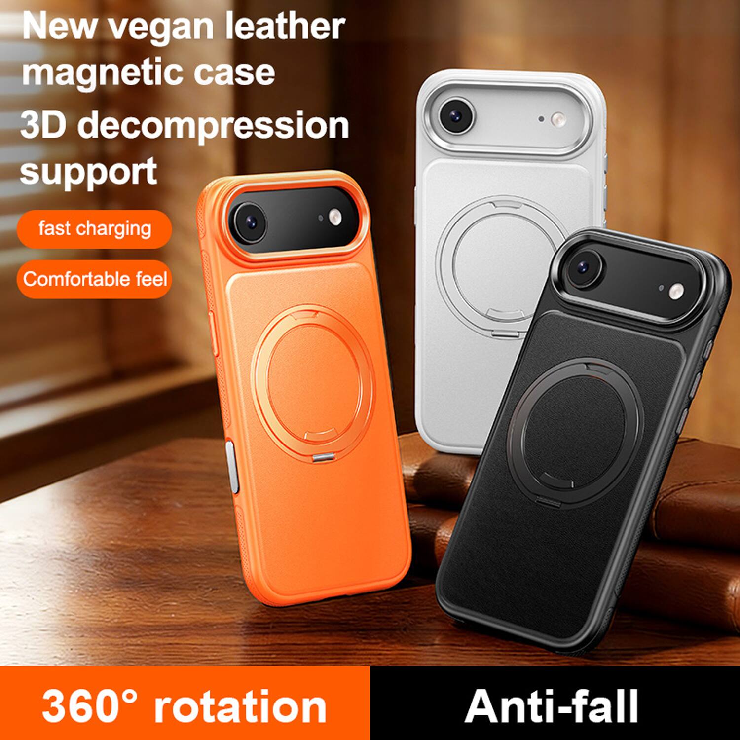 New vegan leather magnetic case  
3D decompression support  
fast charging  
Comfortable feel  
360° rotation  
Anti-fall