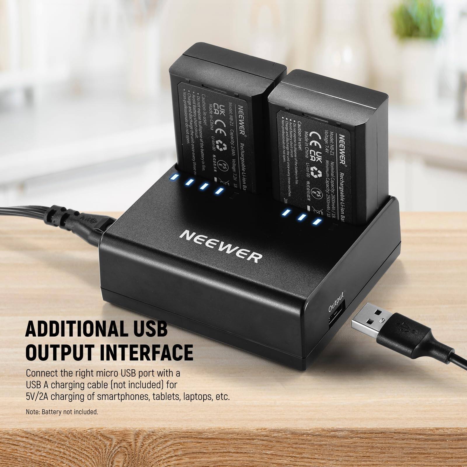 Charge Caution Battery a Made CA UK Model NB-Z2 iChina CE NEEWER battery LHion-80 C Capacity 2600mAh. 2 Hlaen Rechargeable Z2V Hon T8 NEEWER ADDITIONAL USB OUTPUT INTERFACE Connect the right micro USB port with a USB A charging cable (not included) for 5V/2A charging of smartphones, tablets, laptops, etc. Note: Battery not included. Caution S Made Voltage: Model: uper CEL AV N8-71 NEEWER Chia CA UK tin00 C Misiouum Nominal Capacity Rechargeable 2 2500mAh 2600mAh Li-ion S Bar Output