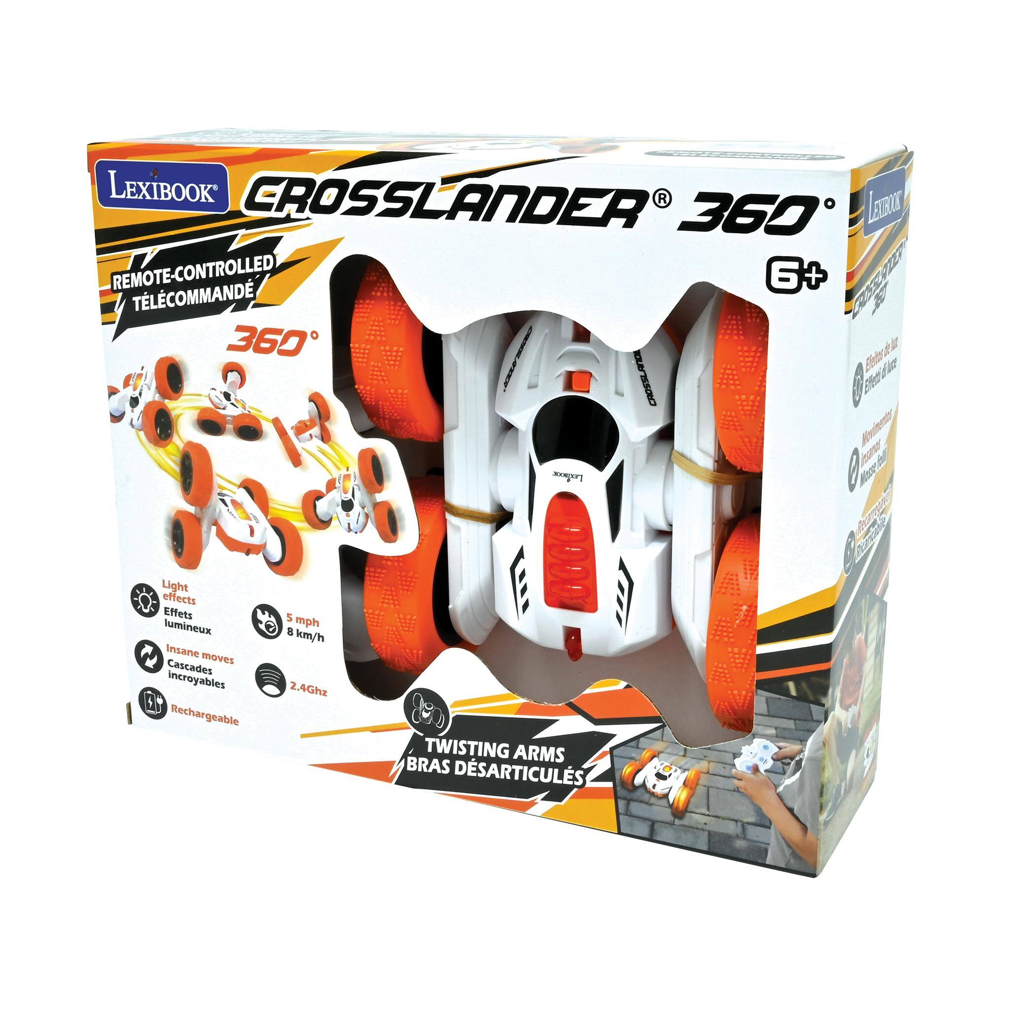 LEXIBOOK CROSSLANDER 360 LEGORICK REMOTE-CONTROLLED TLCOMMAND G+ CREATER 360 Elettos perpoor 153 Light effects Effets 5 lumineux mph 8 km/h Insane moves Cascades incroyables 2.4Ghz Rechargeable CC TWISTING ARMS BRAS DSARTICULES