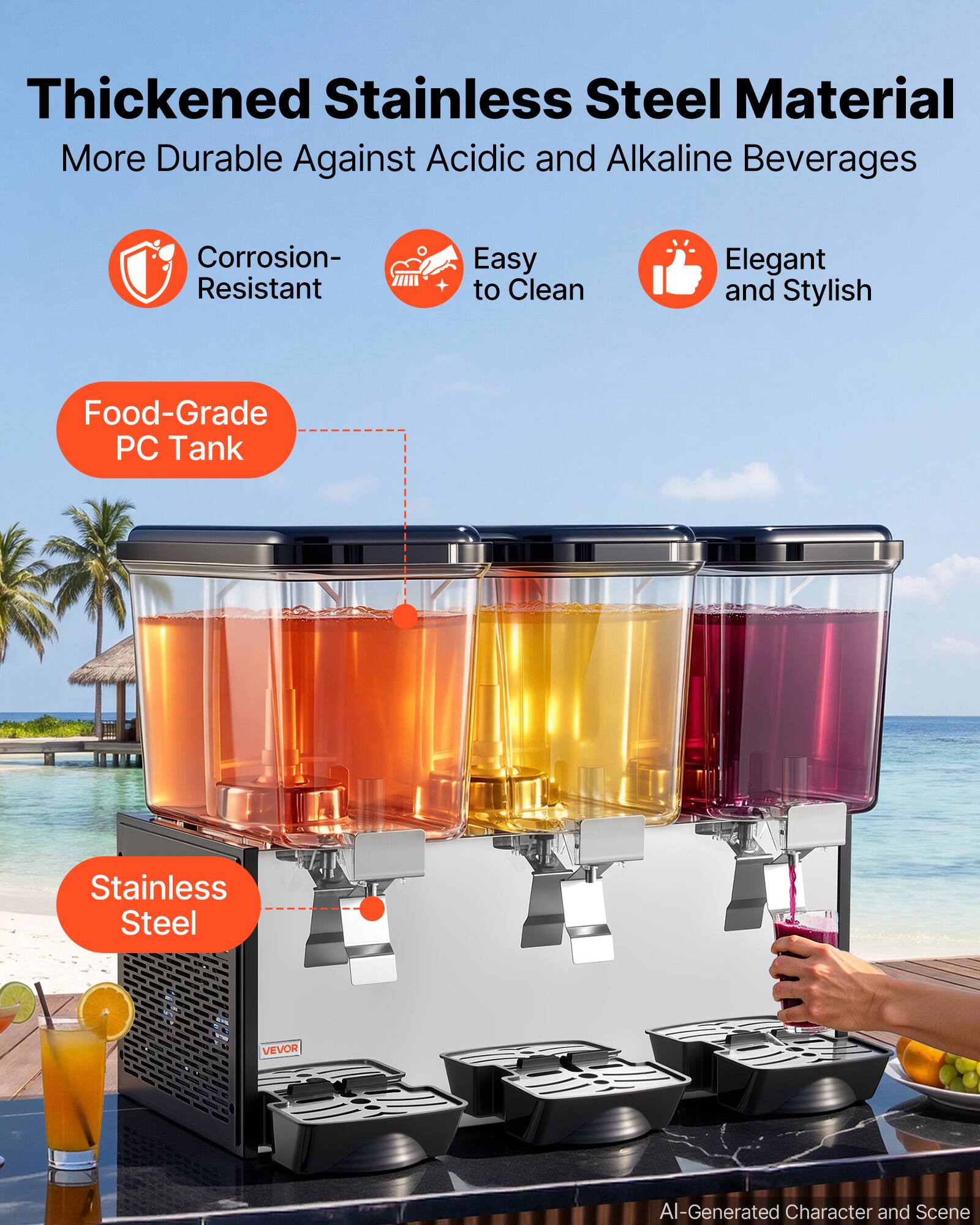 Thickened Stainless Steel Material  
More Durable Against Acidic and Alkaline Beverages  

Corrosion-Resistant  
Easy to Clean  
Elegant and Stylish  

Food-Grade PC Tank  
Stainless Steel  

VEVOR  

AI-Generated Character and Scene