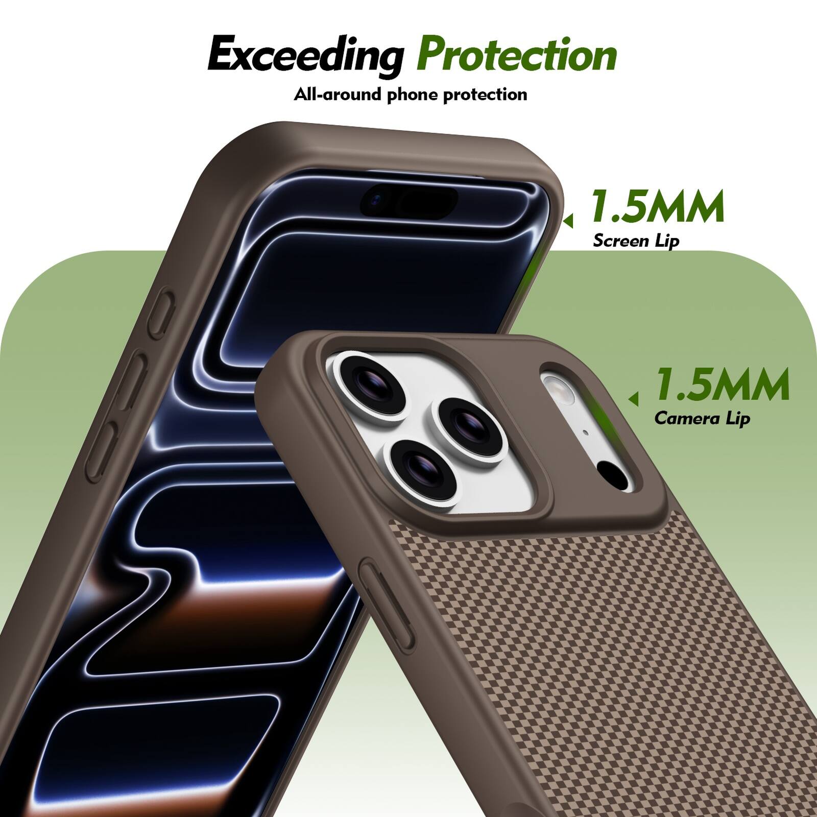 Exceeding Protection  
All-around phone protection  
1.5MM Screen Lip  
1.5MM Camera Lip