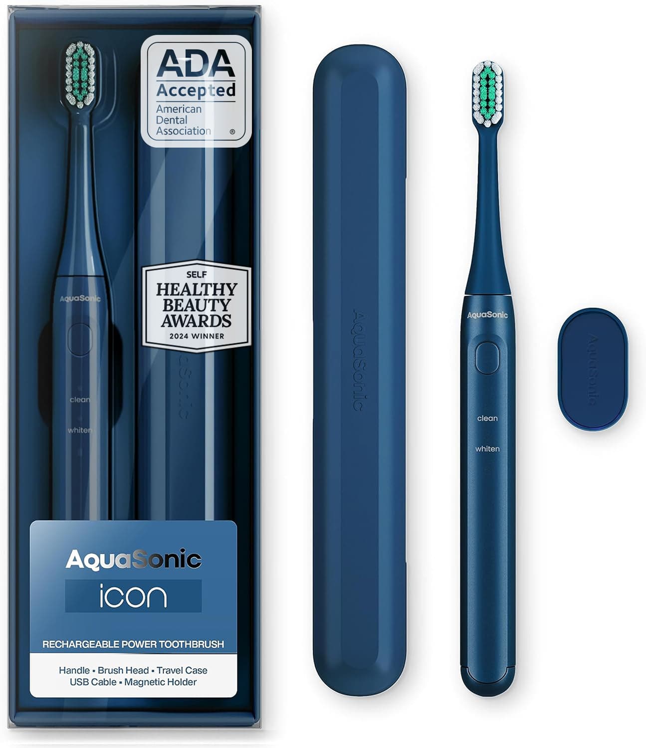 ADA Accepted
American Dental Association
SELF HEALTHY BEAUTY AWARDS 2024 WINNER
AquaSonic icon
RECHARGEABLE POWER TOOTHBRUSH
Handle • Brush Head • Travel Case • USB Cable • Magnetic Holder
clean
whiten