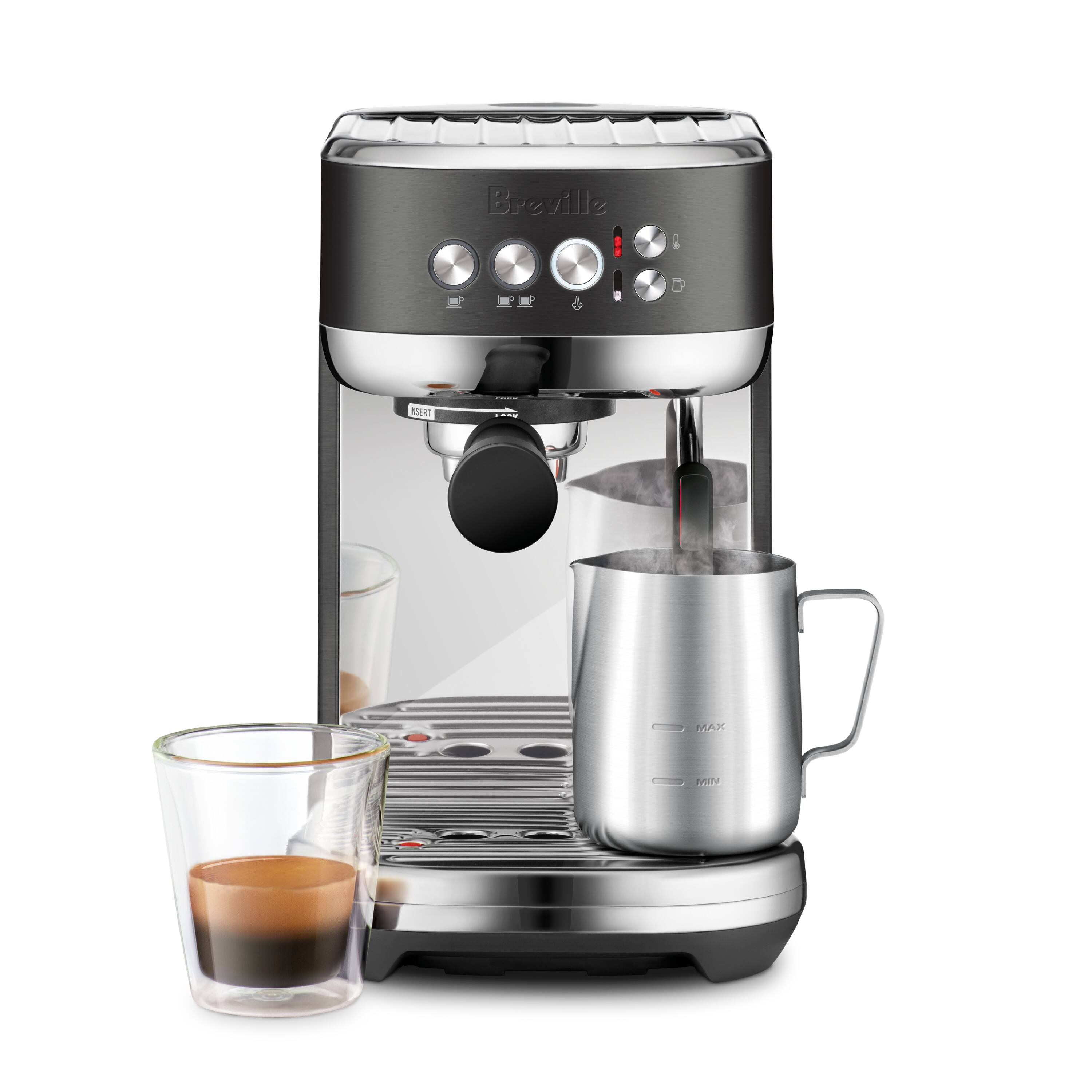 The image features a Breville coffee maker with a silver carafe and a glass of coffee. The coffee maker is placed on a counter, and there is a cup of coffee next to it. The coffee maker is designed to make coffee quickly and efficiently, making it a popular choice for busy households.