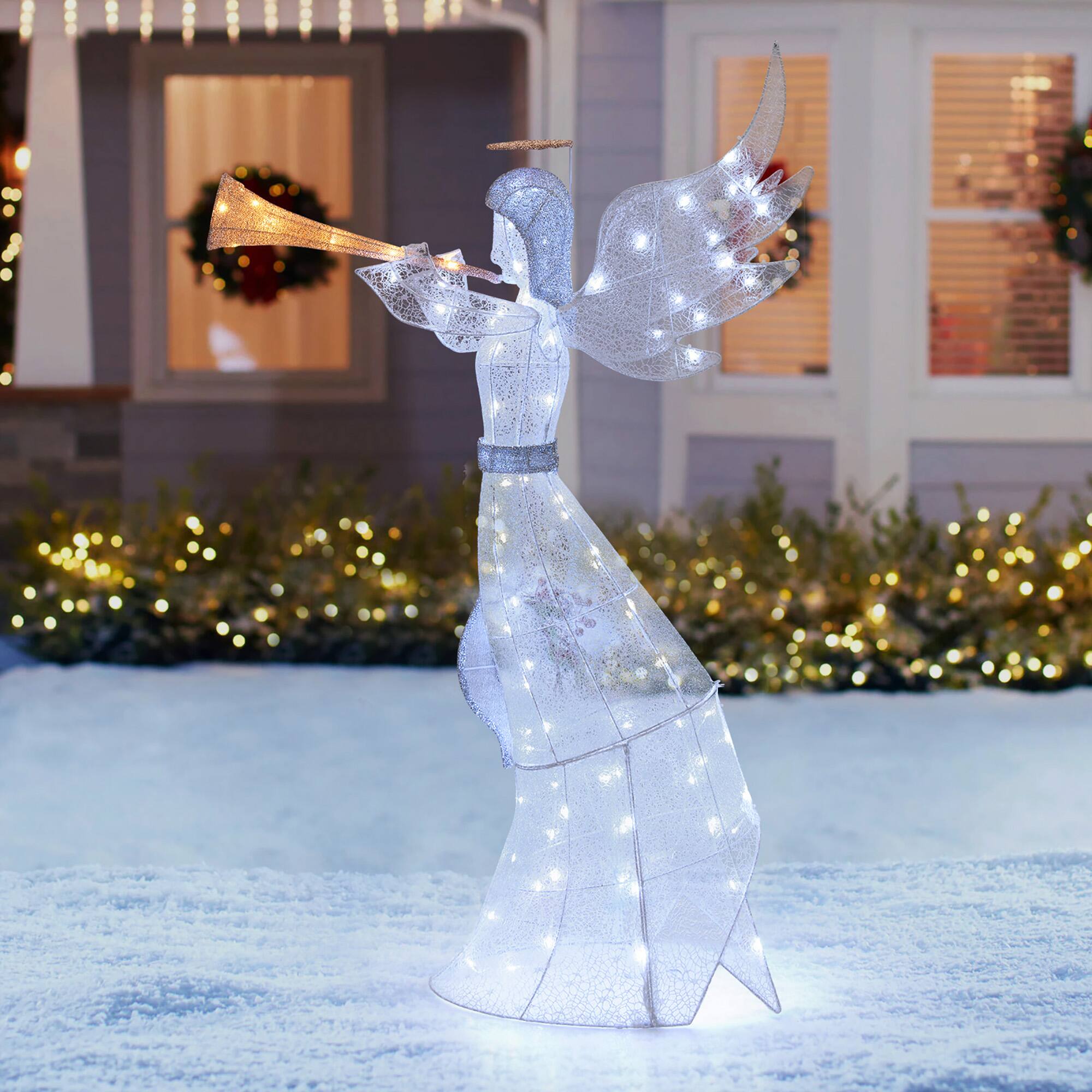 Alt View 3. Gymax - Gymax 5 FT Lighted Trumpeting Angel Light-up Christmas Angel w/ LED Lights Halo & Girdle - Warm White, Cold White.