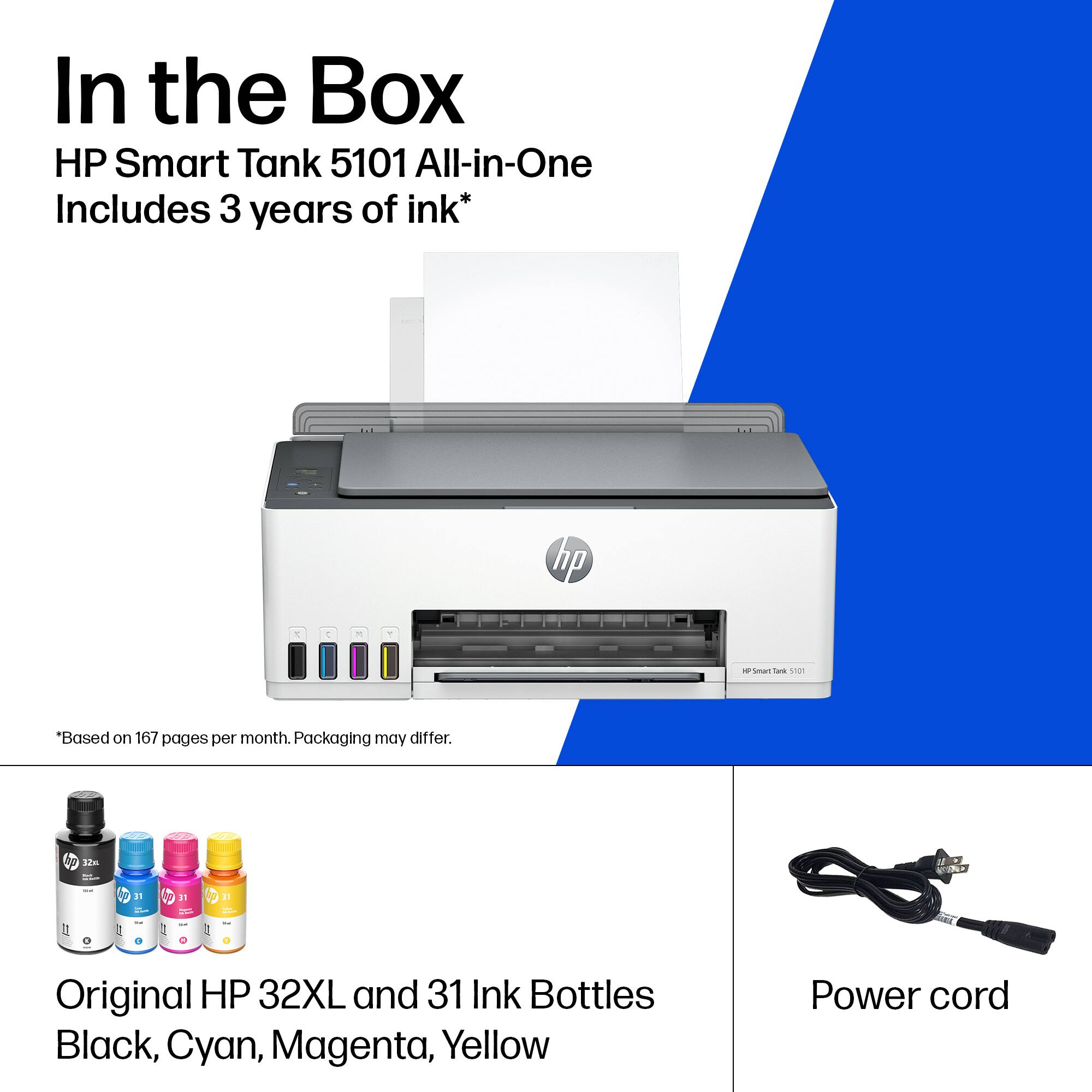In the Box  
HP Smart Tank 5101 All-in-One  
Includes 3 years of ink*  

*Based on 167 pages per month. Packaging may differ.  

Original HP 32XL and 31 Ink Bottles  
Black, Cyan, Magenta, Yellow  

Power cord