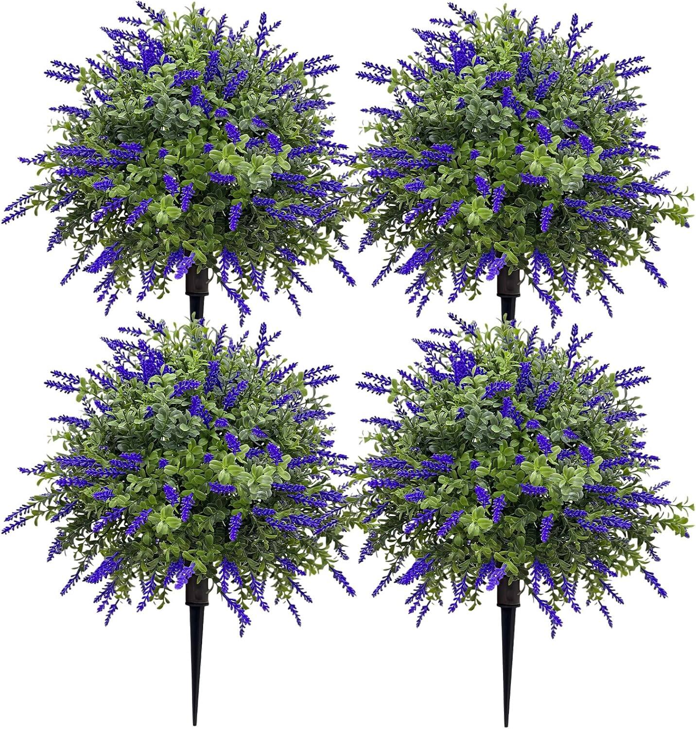 Front. Homhougo - Artificial Lavender Plant with Stake, Faux Purple Flower Bush for Outdoor & Indoor Decor, Patio, Garden, Porch, Window - Green.