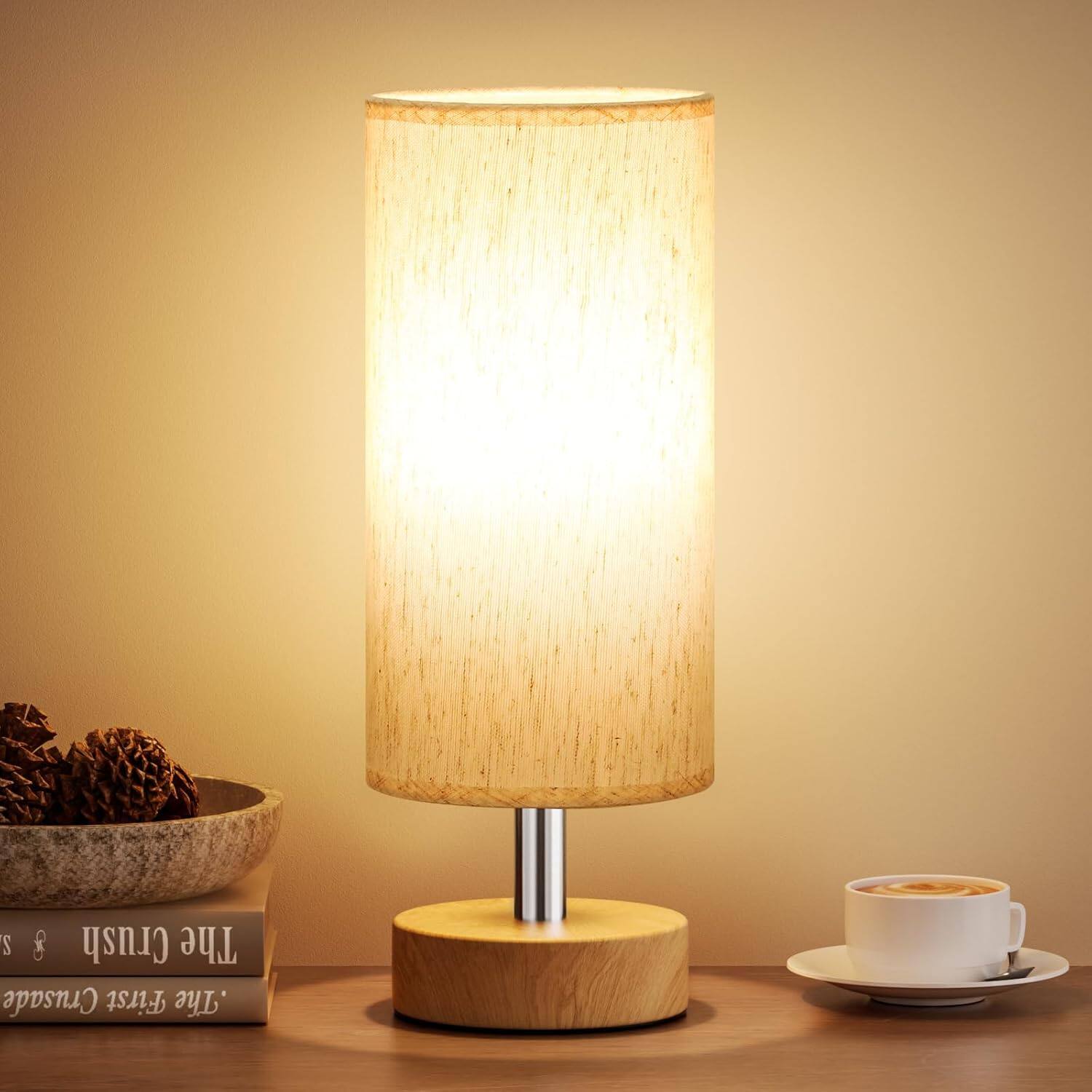 Stamp n Camp - Table Lamp for Bedroom - Bedside Lamps for Night Stands Minimalist Nightstand Light Lamp Desk Lamps for Living Room - Cream Shade-Wood Base-11.6" Inline Control