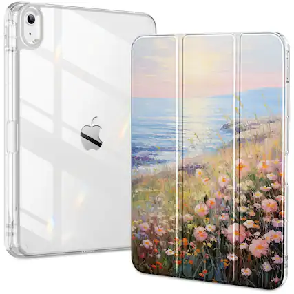 Front. DTTO - Case for iPad (A16)/10th Gen (2025/2022), clear hard back, soft TPU frame, slim trifold stand, auto wake/sleep - Wild Blossom.