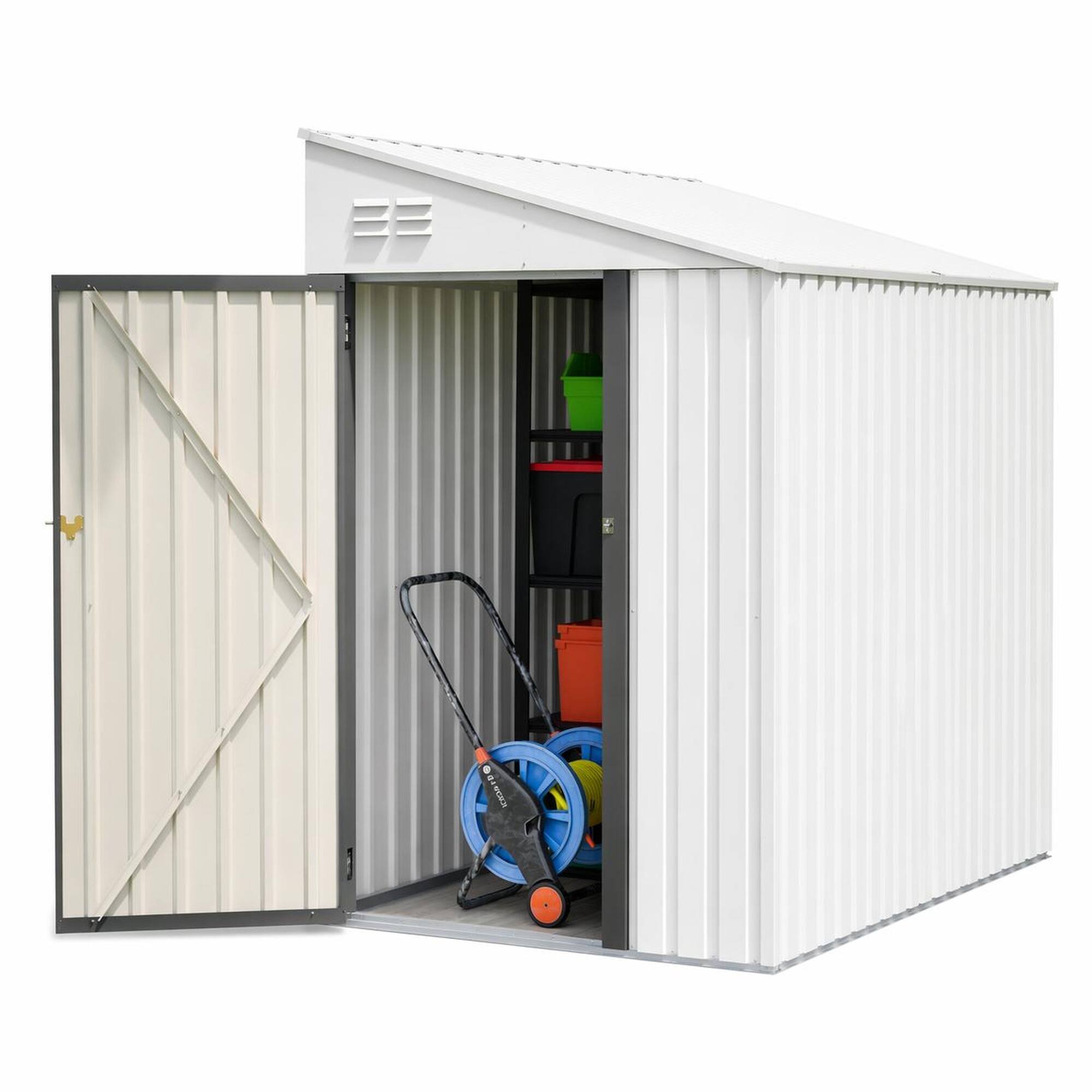 Front. RYHNUYNE - White 4x7 Ft Lean-To Metal Shed Weatherproof Garden Bike Shelter Lockable Easy DIY - White.