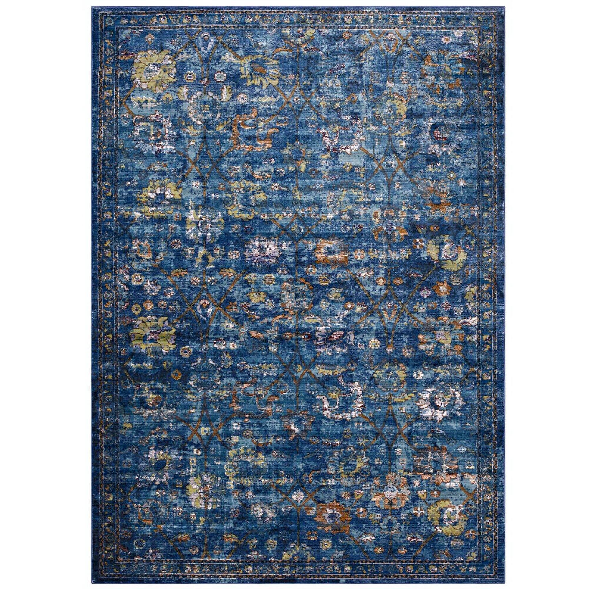 Angle. Modway - Minu Distressed Floral Lattice Area Rug - Dark Blue Yellow and Orange.