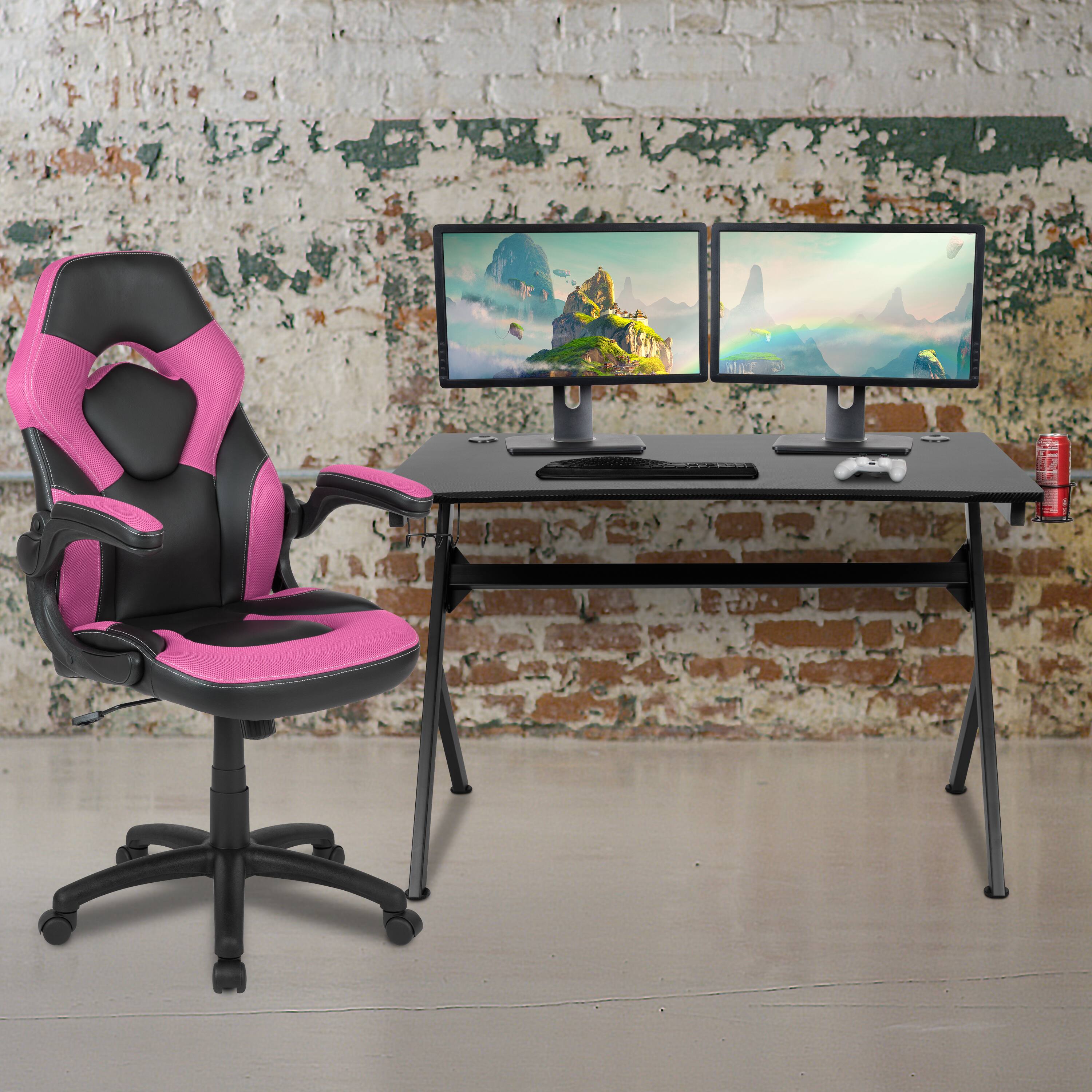 Alt View 1. Emma + Oliver - Gaming Desk Bundle - Cup/Headphone Holders, Wire Management - Pink.