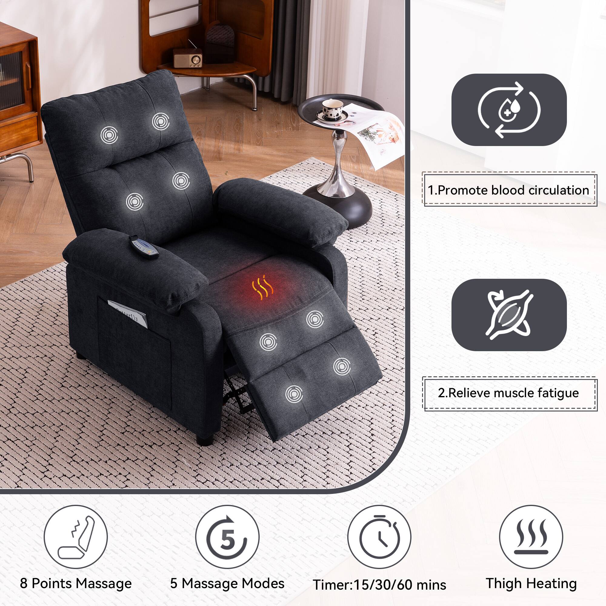 1. Promote blood circulation  
2. Relieve muscle fatigue  

8 Points Massage  
5 Massage Modes  
Timer: 15/30/60 mins  
Thigh Heating
