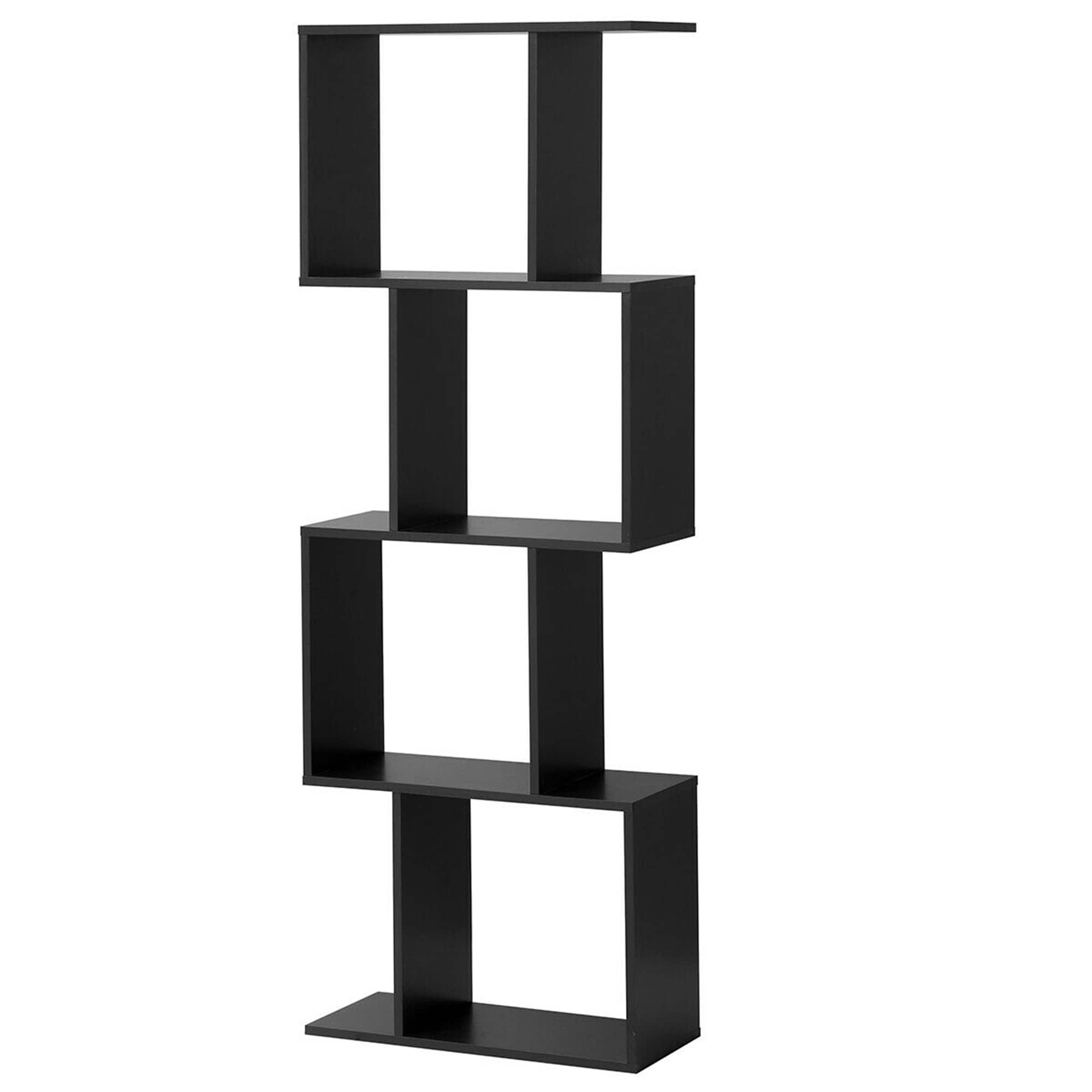 Gymax - 4-tier S-Shaped Bookcase Free Standing Storage Rack Wooden Display Decor - Black