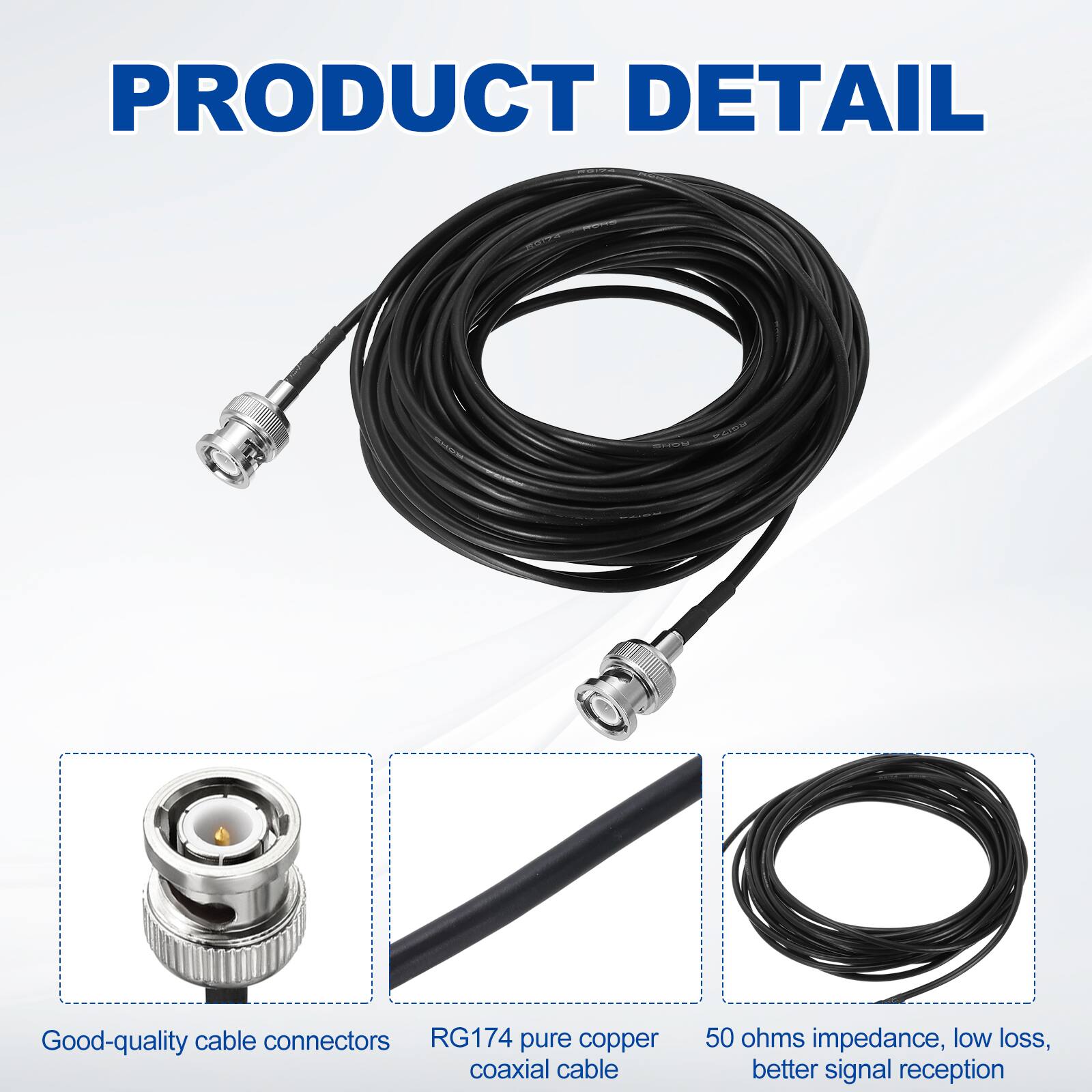 PRODUCT DETAIL

- Good-quality cable connectors
- RG174 pure copper coaxial cable
- 50 ohms impedance, low loss, better signal reception