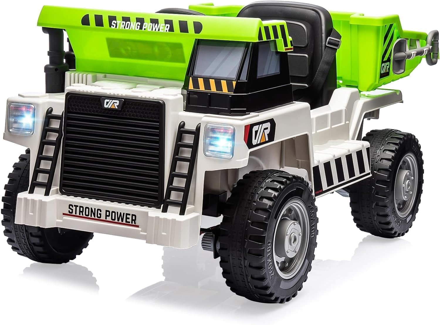 Jojoka - 12V Ride On Dump Truck with Remote Control, Adjustable Dump Bed, Bluetooth, LED Lights & Dual Driving Modes - White