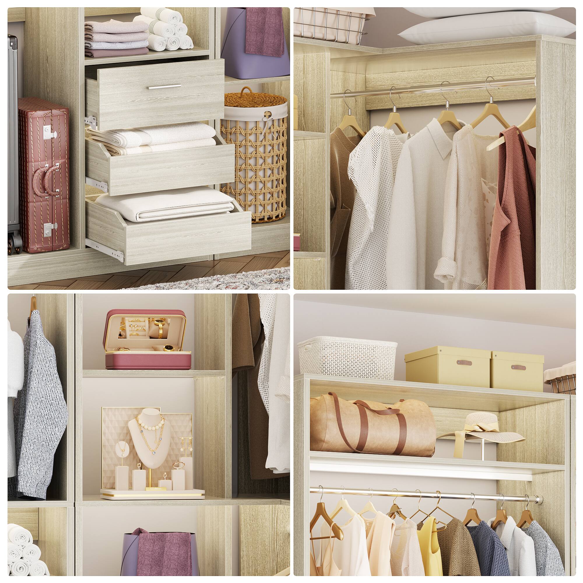 Alt View 1. Aheaplus - 72" Freestanding Corner Closet System - 2-Piece Wood Wardrobe with Drawers & Hanging Rods - White Oak.