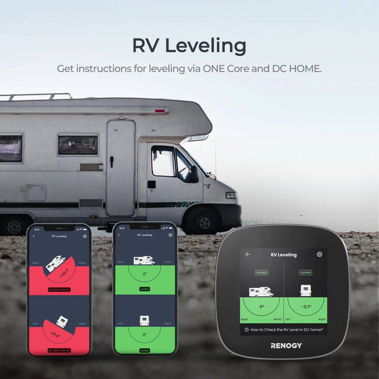 The text on the image is grouped and corrected as follows:

RV Leveling: Get instructions for leveling via ONE Core and DC HOME.

S.4 - 4 mV Leveling:

- A +42.7 mV Leveling
- RV Leveling
- Leveling
- Rear FRTut 011 MS
- How to check the RV level in DC home?
- Renogy