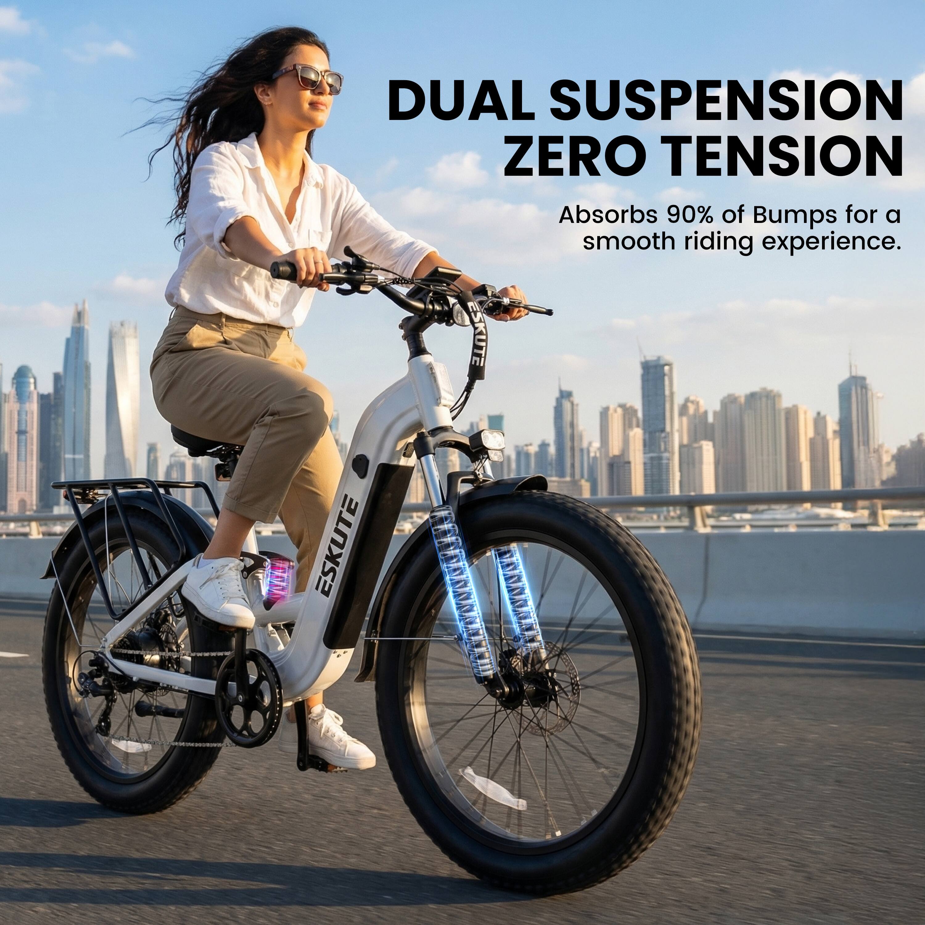 DUAL SUSPENSION ZERO TENSION  
Absorbs 90% of Bumps for a smooth riding experience.  
ESKUTE
