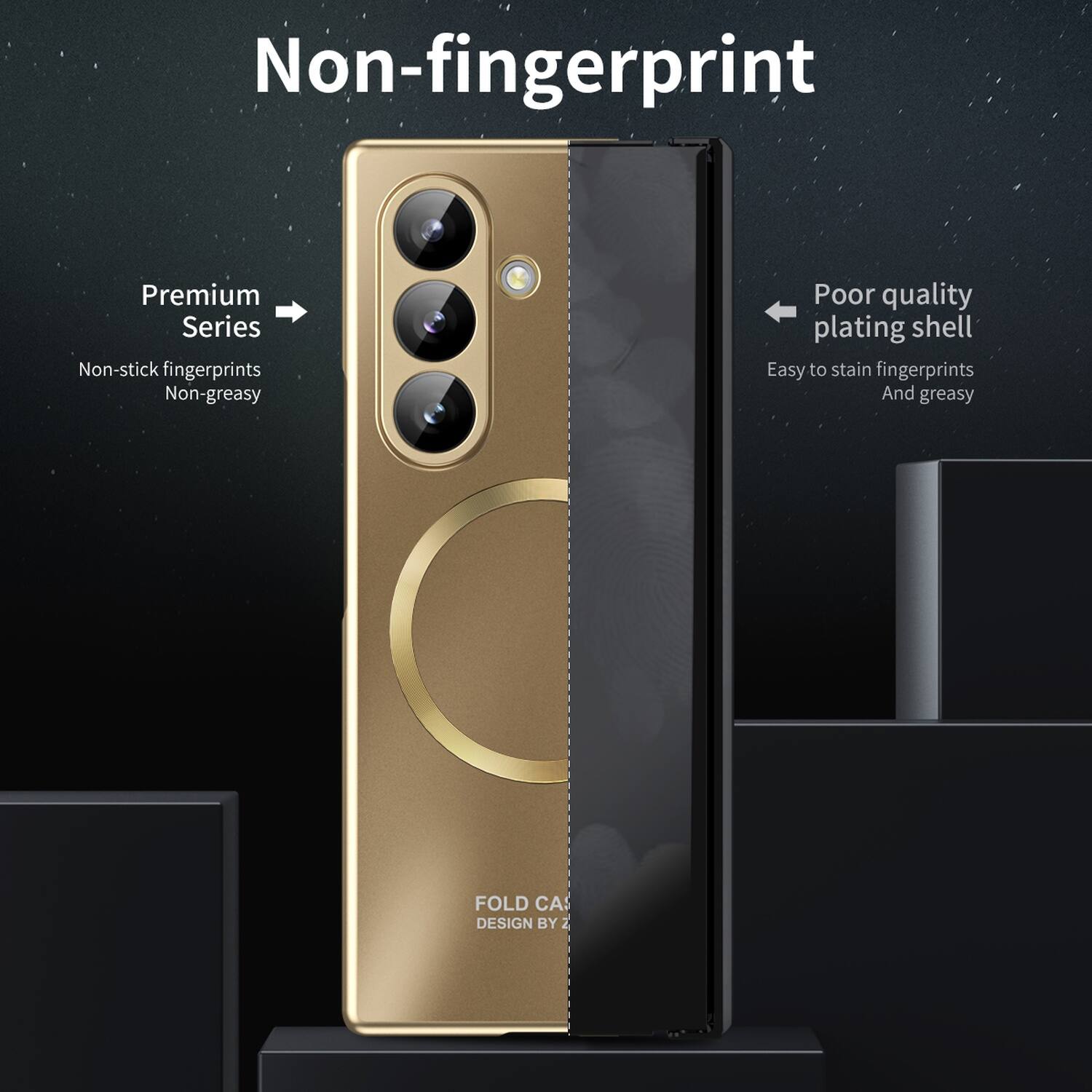 Non-fingerprint

Premium Series
Non-stick fingerprints
Non-greasy

Poor quality plating shell
Easy to stain fingerprints
And greasy

FOLD CA DESIGN BY