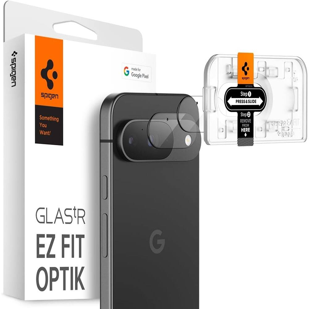 Sure, here is the corrected and grouped text from the image:

---

**Spigen**

**Something You Want!**

**GLAS.tR EZ FIT OPTIK**

**made for Google Pixel**

**Step 1: PRESS & SLIDE**

**Step 2: REMOVE FROM HERE**

---

This text is organized based on the visible elements in the image.
