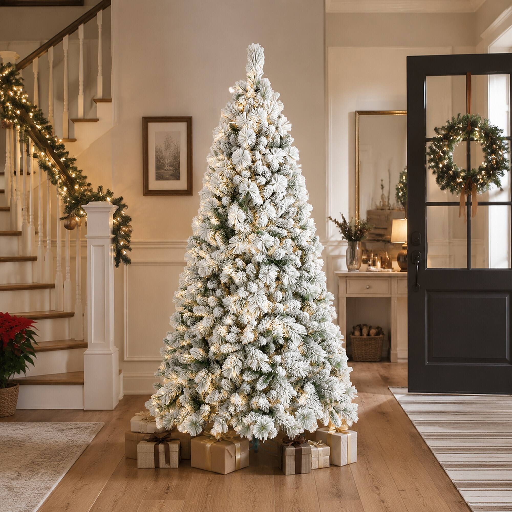 Alt View 1. RYHNUYNE - 7FT Flocked Pre-Lit Christmas Tree,450 Warm White LED Lights 1060 Tips PVC Hard Needle Hinged Design - Green,White.