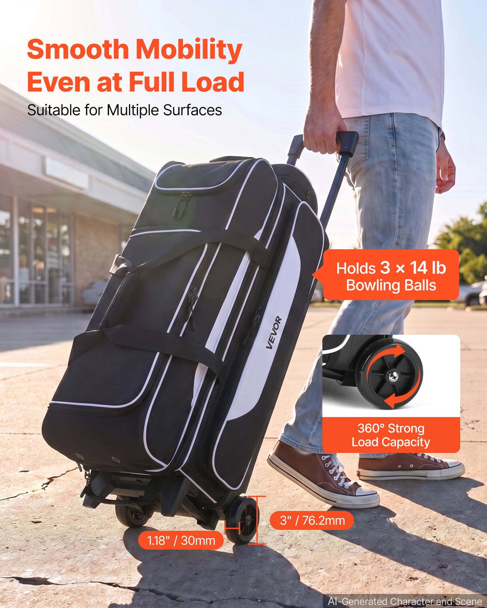 Smooth Mobility Even at Full Load  
Suitable for Multiple Surfaces  

Holds 3 x 14 lb Bowling Balls  

360° Strong Load Capacity  

1.18" / 30mm  

3" / 76.2mm  

AI-Generated Character and Scene