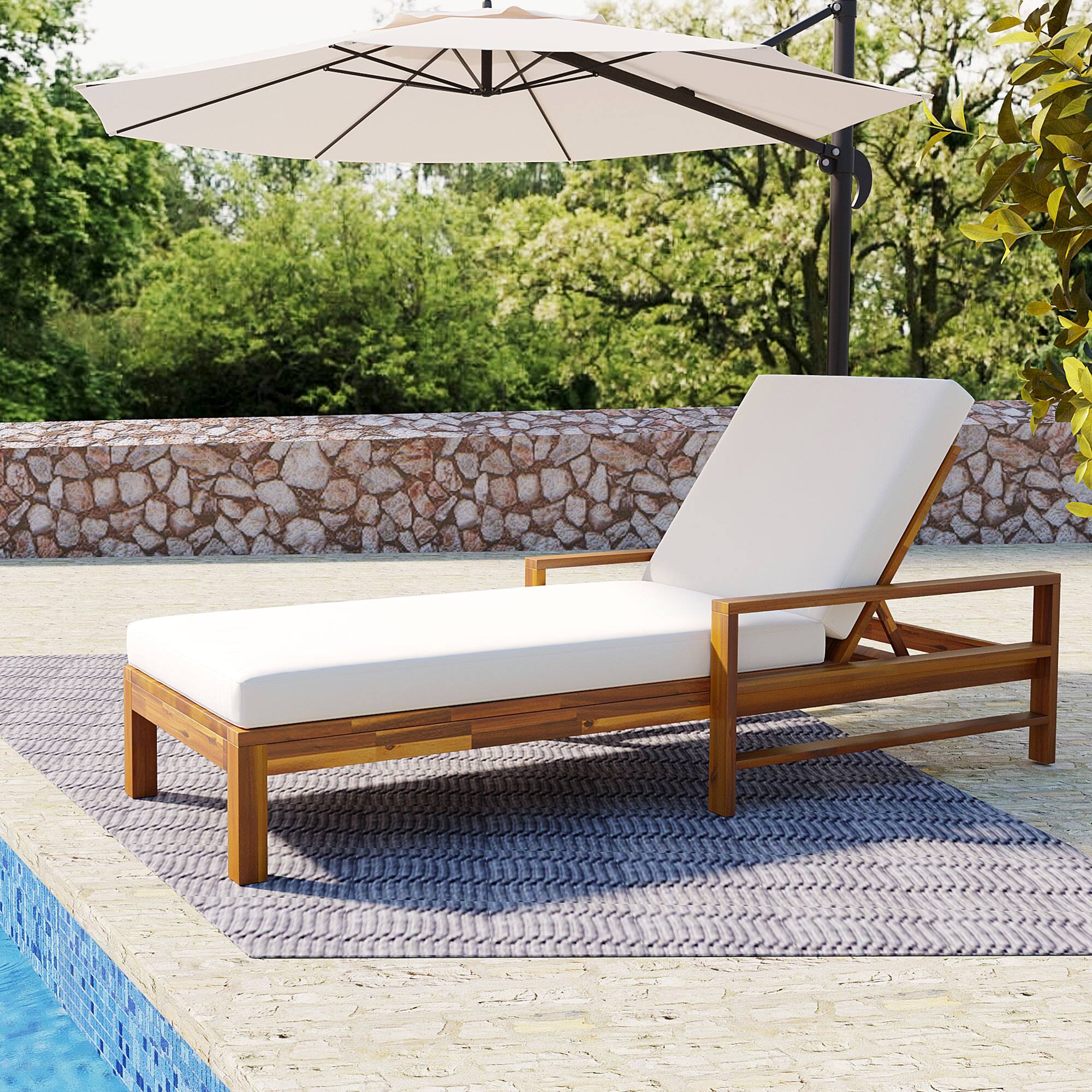 Angle. Mondawe - Acacia Wood Adjustable Backrest Outdoor Lounge Chair - Natural+Beige.