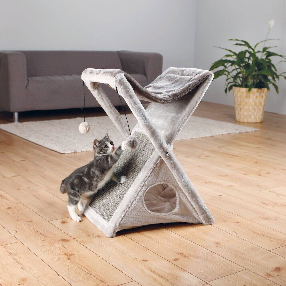 Angle. TRIXIE - Miguel Fold & Store Plush & Sisal Cat Tree, Hammock, Condo, Scratcher - Greige.