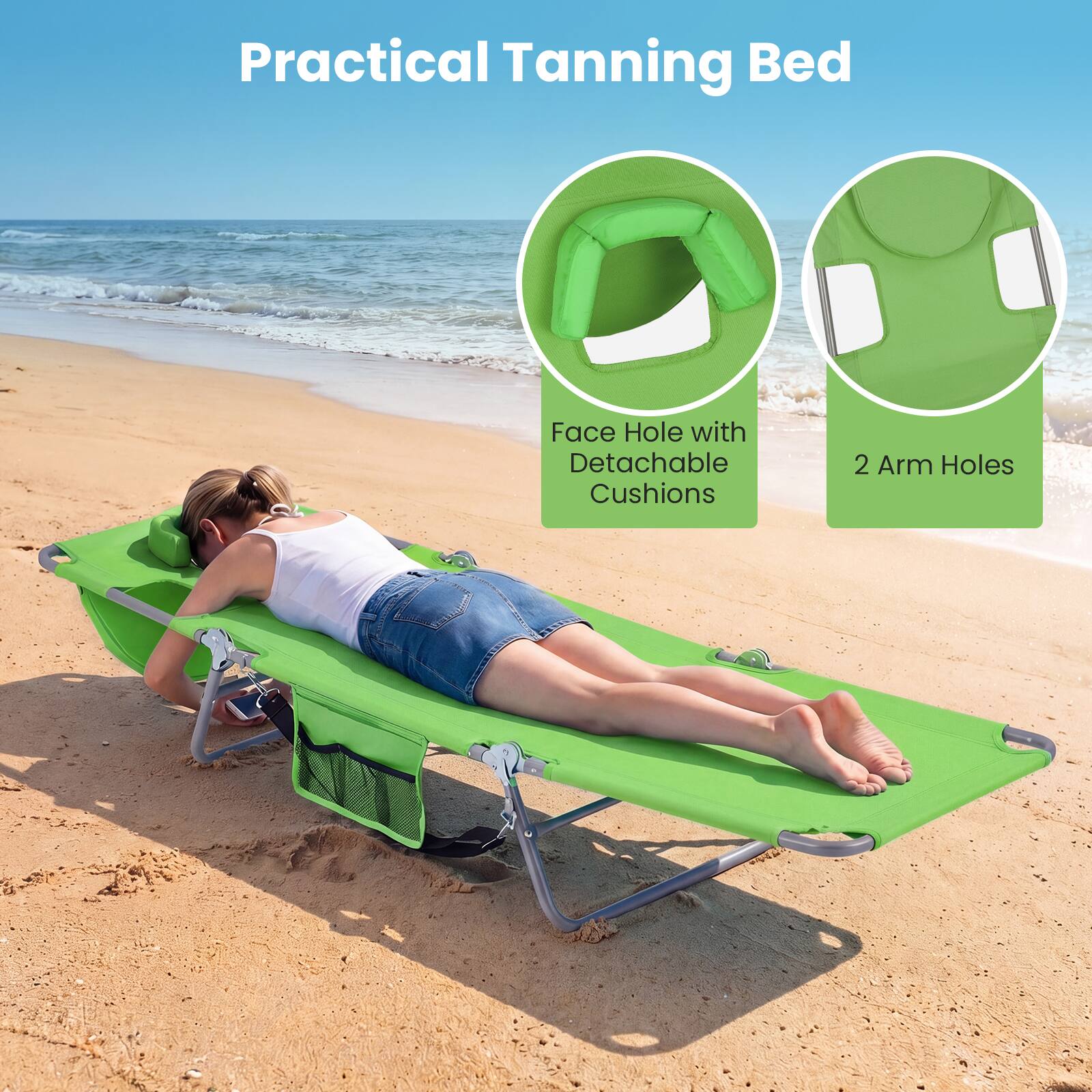 Practical Tanning Bed

Face Hole with Detachable Cushions

2 Arm Holes