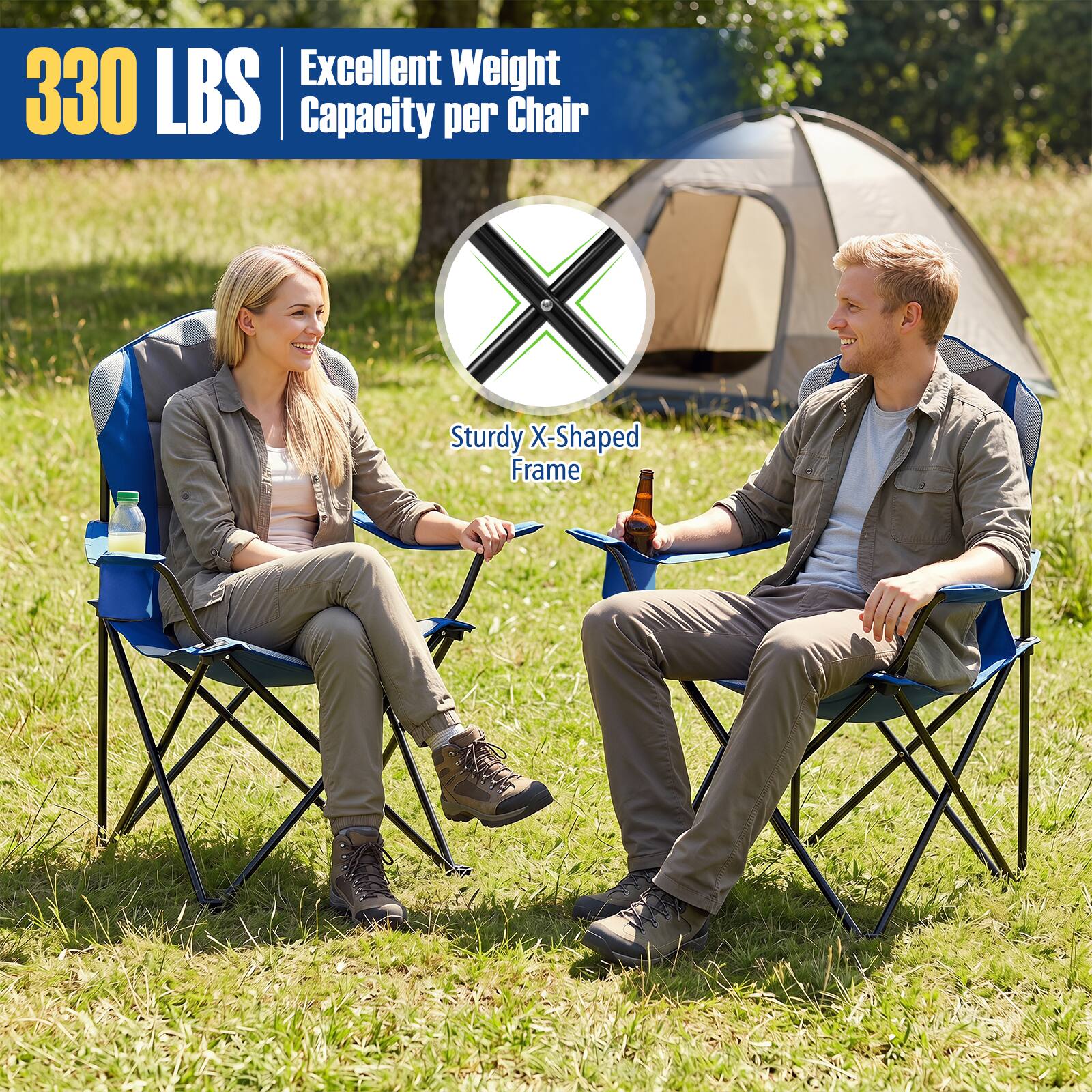 Excellent Weight 330 LBS Capacity per Chair X Sturdy X-Shaped Frame