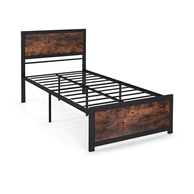 SlickBlue - Modern Metal Bed Frame with Tall Headboard and Quiet Slat Structure - Rustic Brown, Black