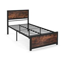 SlickBlue - Modern Metal Bed Frame with Tall Headboard and Quiet Slat Structure - Rustic Brown, Black