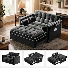 AMADA HOMEFURNISHING - 3-in-1 Convertible Sleeper Sofa Bed, 45.5" Velvet Pull Out Loveseat with USB & Type-C Charging - Black Velvet